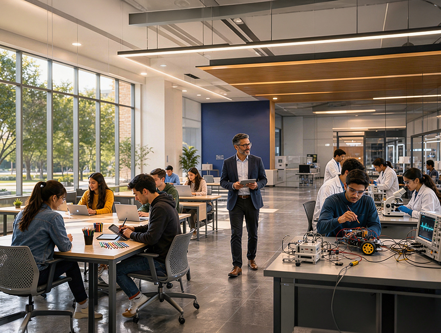 University students working with laptops and robotics in a modern campus lab